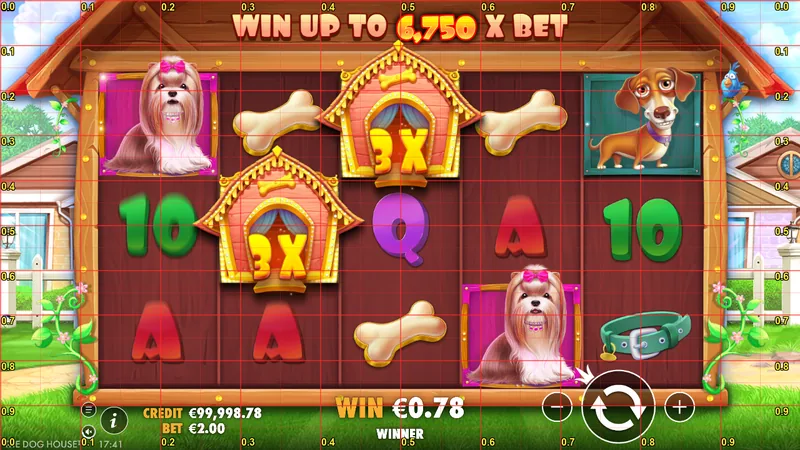 Grila de bază, miză €2,00: un wild multiplicator 3x apare deja în joc normal, pentru un câștig de €0,78.