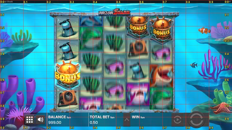 Grila de bază, sold demo 999,00: două simboluri BONUS aterizate simultan, al treilea lipsește.