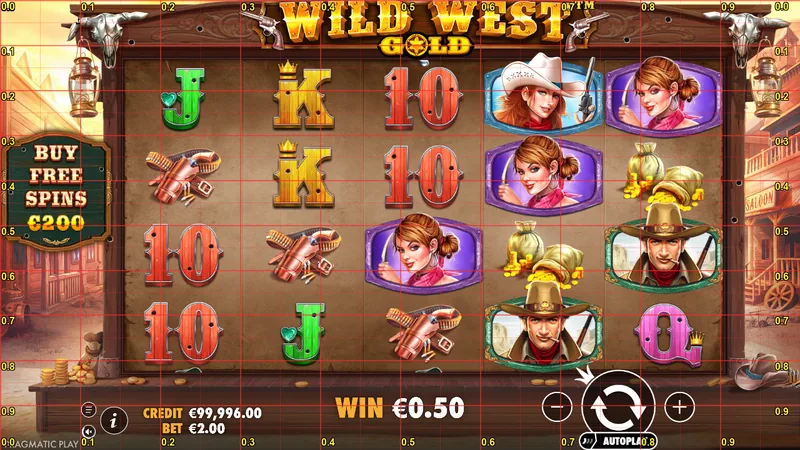 Grila de bază, miză €2,00: opțiunea Buy Free Spins la €200 e afișată în centru, câștig €0,50.