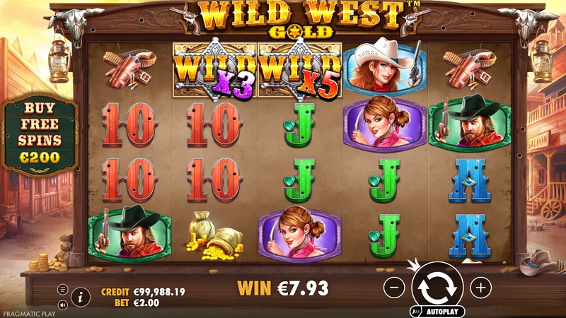 Rotire de bază cu doi wild multiplicatori — x3 și x5 — pentru un câștig de €7,93.