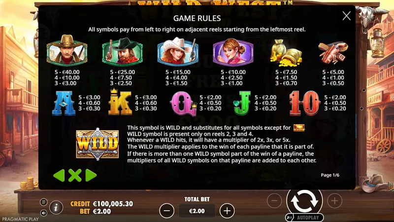 Regulile citite din joc: wild-ul apare doar pe rolele 2, 3 și 4, cu multiplicator 2x, 3x sau 5x.