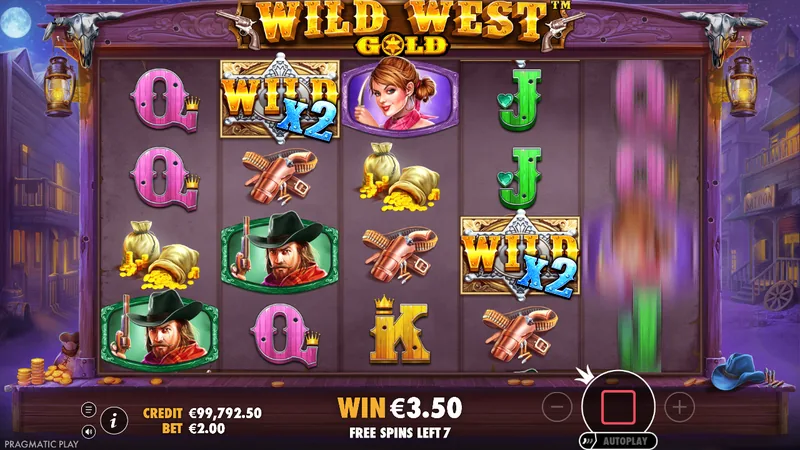 În runda de bonus cumpărată, cu 7 rotiri gratuite rămase: doi wild x2 aduc un câștig de €3,50.