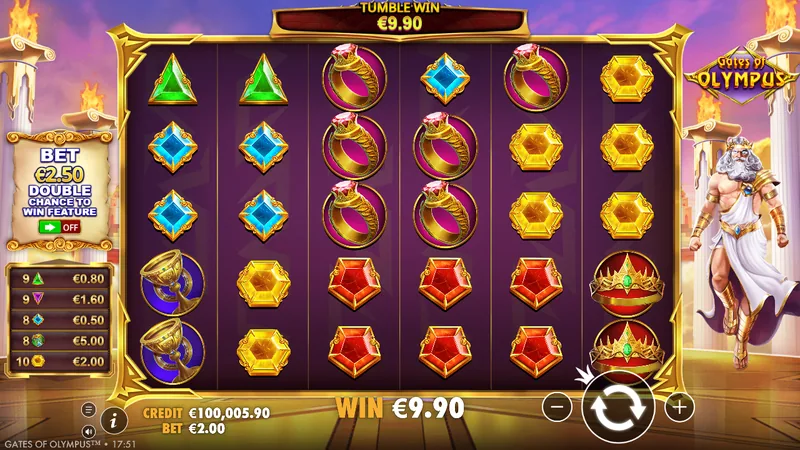 Câștig prin cascadă (tumble): €9,90 la o singură rotire, cu valoarea fiecărui simbol afișată în panoul din stânga.