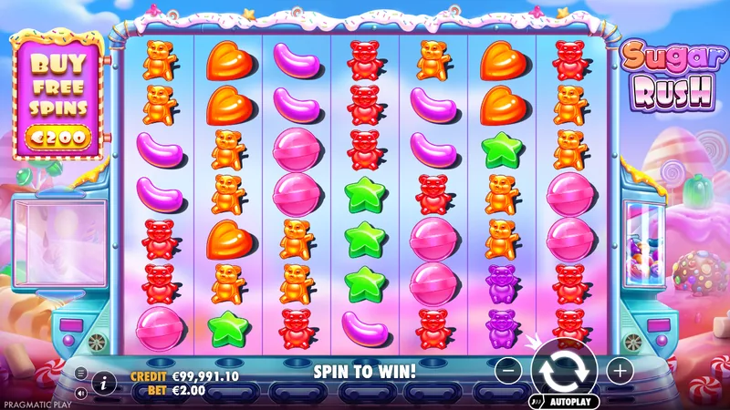 Grila de bază, miză €2,00, înainte de rotire: opțiunea Buy Free Spins la €200 e vizibilă în stânga.